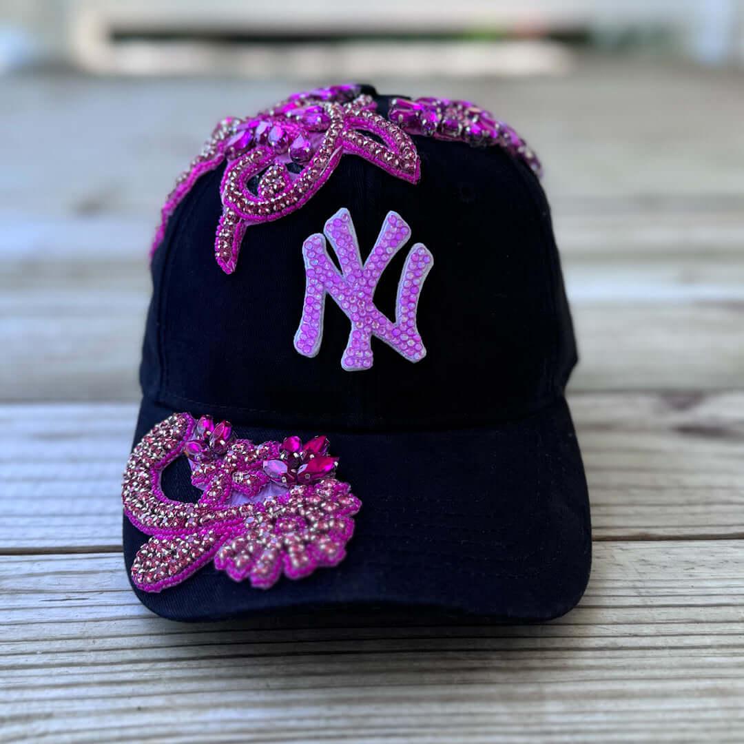 Custom Beaded Pink Crystal Applique New York Hat - Rebel P Customs