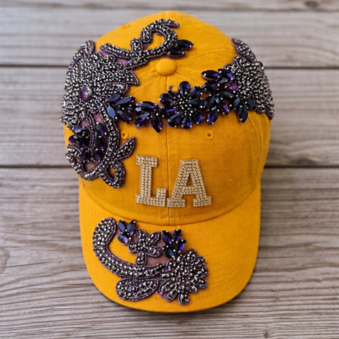 Custom Beaded Purple Crystal Applique LA Hat - Rebel P Customs