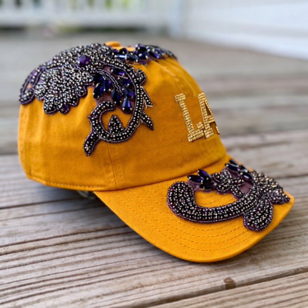 Custom Beaded Purple Crystal Applique LA Hat - Rebel P Customs