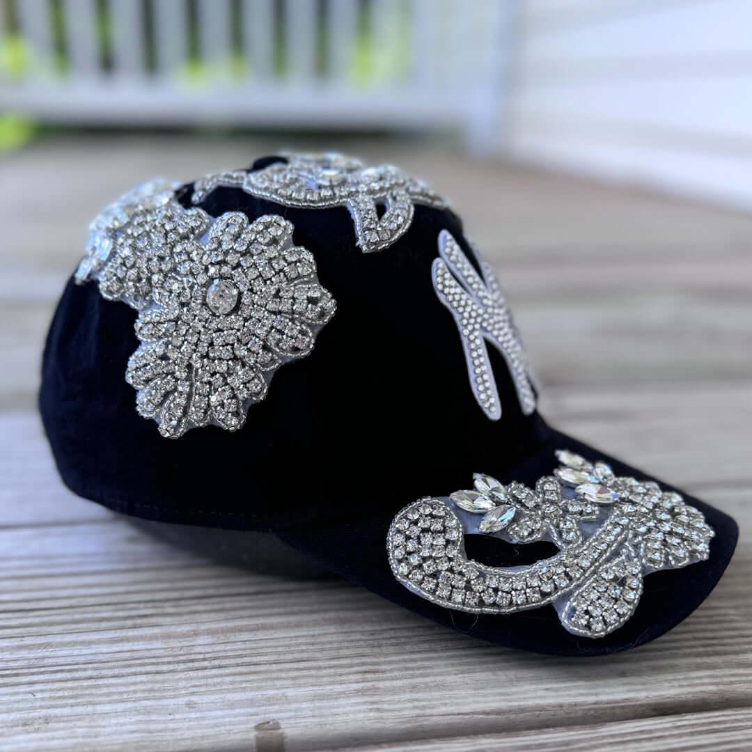 Custom Beaded Silver Crystal Applique Big New York Hat - Rebel P Customs