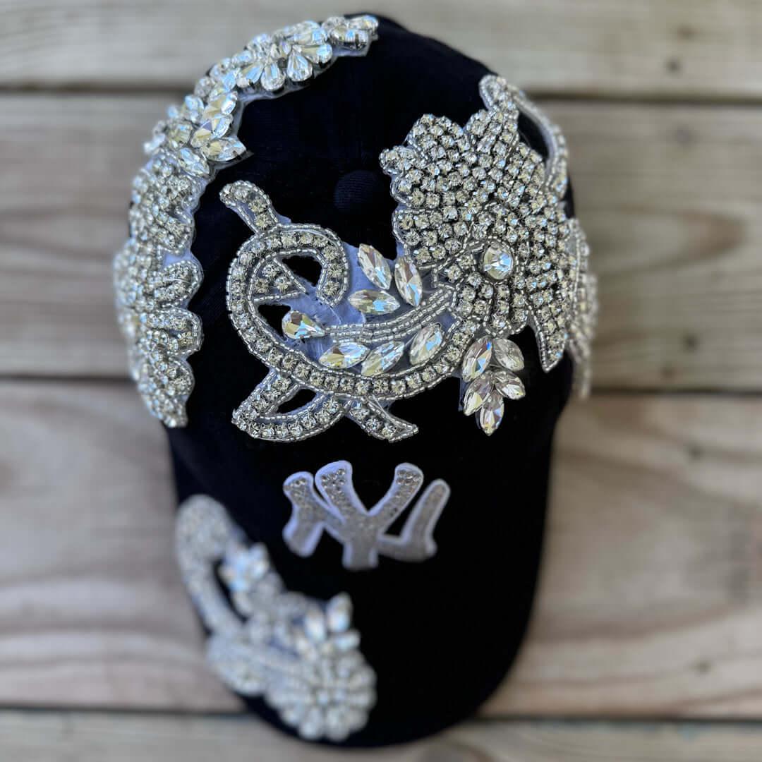 Custom Beaded Silver Crystal Applique Big New York Hat - Rebel P Customs