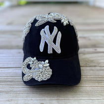 Custom Beaded Silver Crystal Applique Big New York Hat - Rebel P Customs