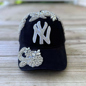 Custom Beaded Silver Crystal Applique Big New York Hat - Rebel P Customs