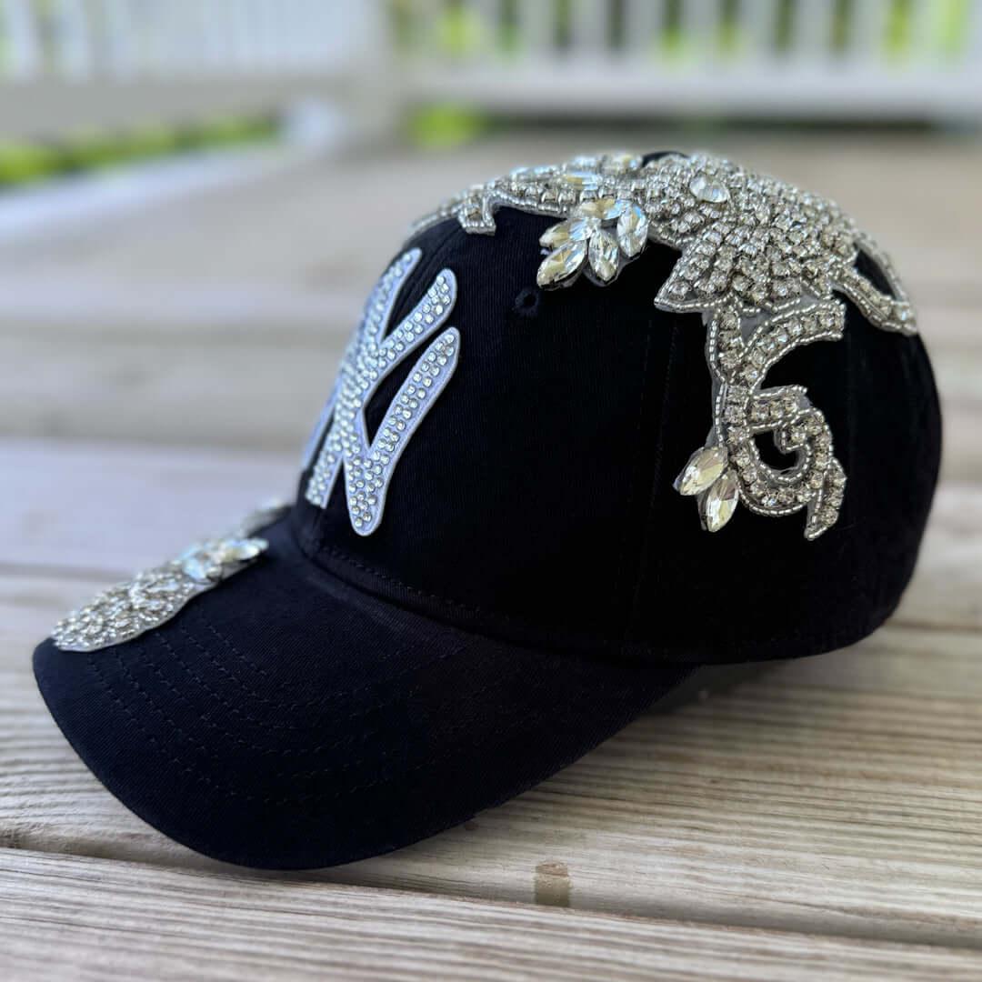 Custom Beaded Silver Crystal Applique Big New York Hat - Rebel P Customs