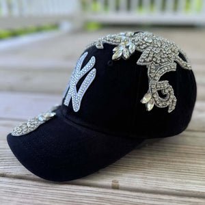 Custom Beaded Silver Crystal Applique Big New York Hat - Rebel P Customs