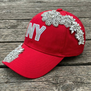 Custom Beaded Silver Crystal Applique New York Hat - Rebel P Customs