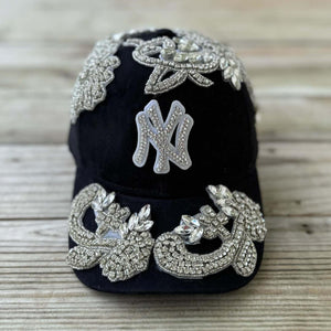 Custom Beaded Silver Crystal Applique New York Hat - Rebel P Customs