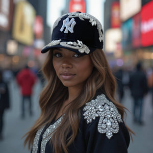 Custom Beaded Silver Crystal Applique New York Hat - Rebel P Customs