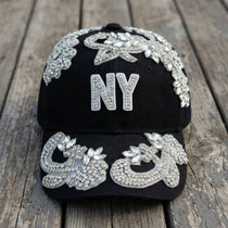 Custom Beaded Silver Crystal Applique New York Hat - Rebel P Customs