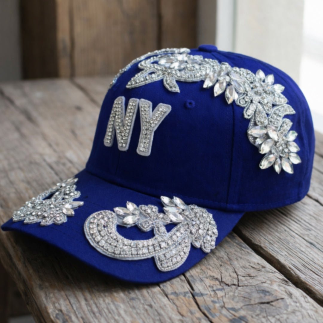 Custom Beaded Silver Crystal Applique New York Hat - Rebel P Customs