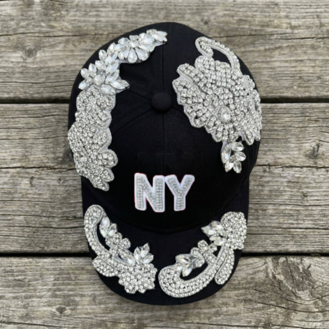 Custom Beaded Silver Crystal Applique New York Hat - Rebel P Customs