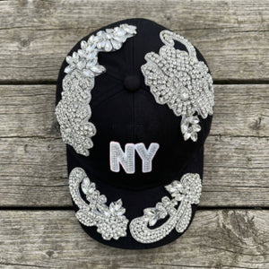 Custom Beaded Silver Crystal Applique New York Hat - Rebel P Customs