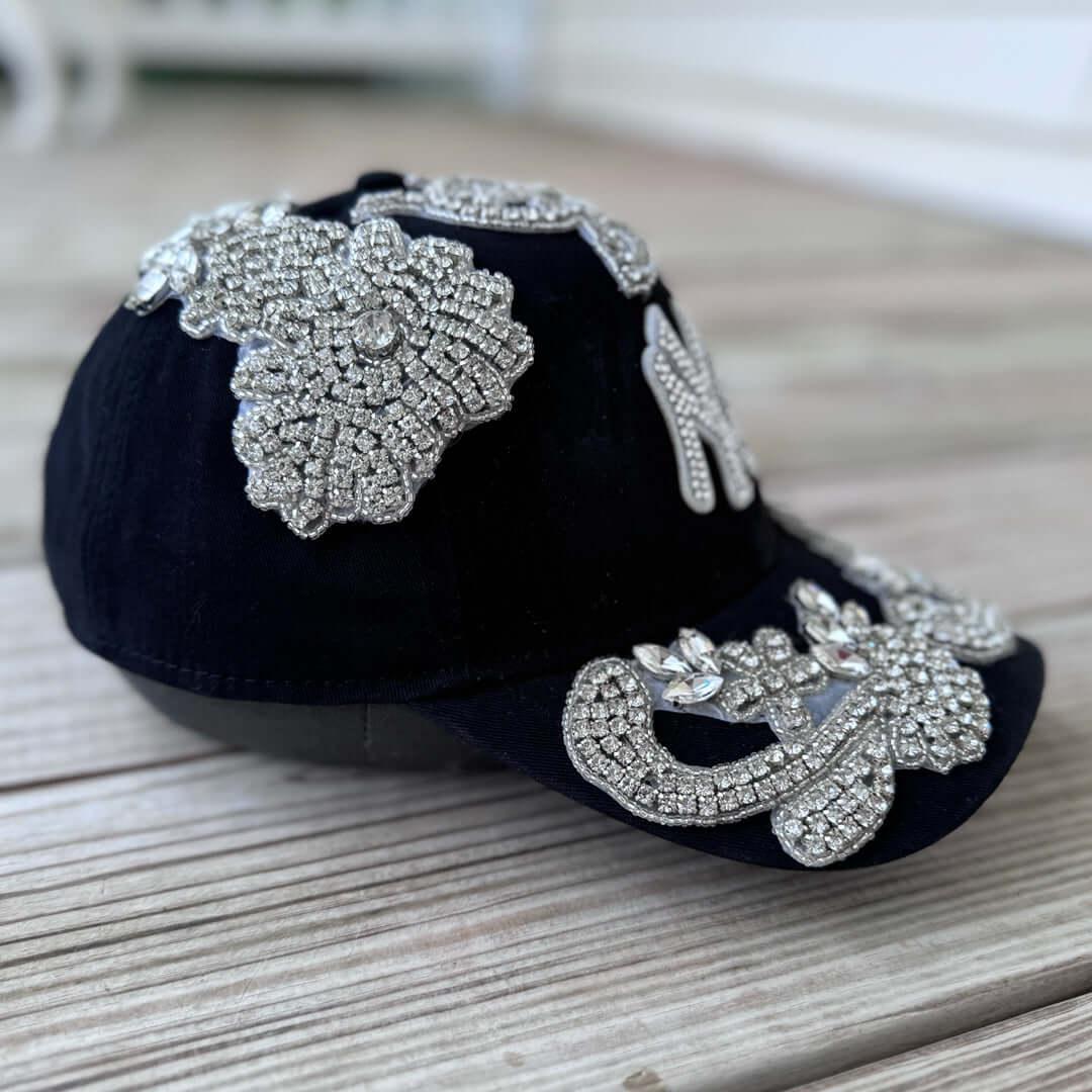Custom Beaded Silver Crystal Applique New York Hat - Rebel P Customs