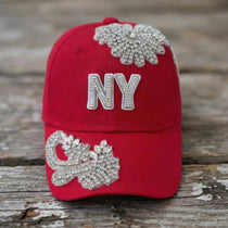 Custom Beaded Silver Crystal Applique New York Hat - Rebel P Customs