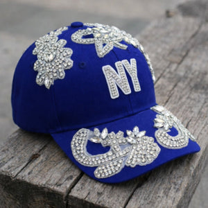 Custom Beaded Silver Crystal Applique New York Hat - Rebel P Customs