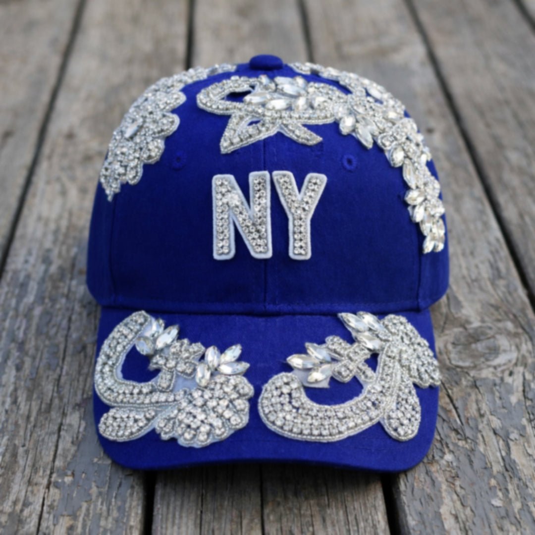 Custom Beaded Silver Crystal Applique New York Hat - Rebel P Customs