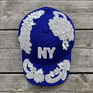 Custom Beaded Silver Crystal Applique New York Hat - Rebel P Customs