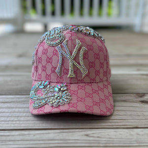 Custom Beaded Silver Crystal Applique Pink New York Hat - Rebel P Customs