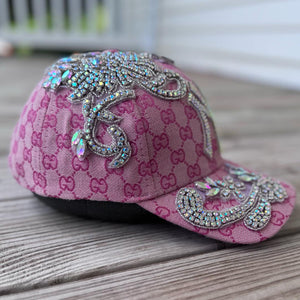 Custom Beaded Silver Crystal Applique Pink New York Hat - Rebel P Customs