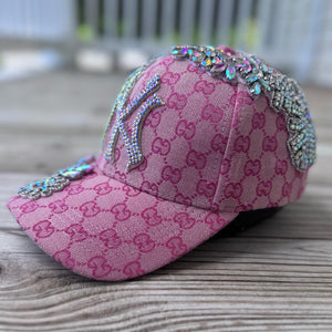 Custom Beaded Silver Crystal Applique Pink New York Hat - Rebel P Customs