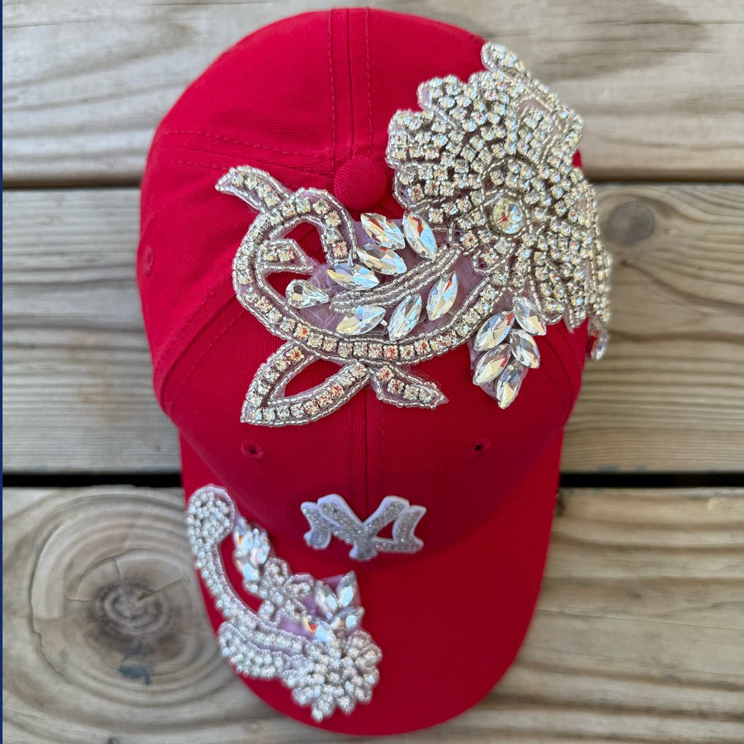 Custom Beaded Silver Crystal Large Applique New York Hat - Rebel P Customs
