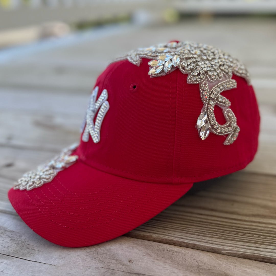 Custom Beaded Silver Crystal Large Applique New York Hat - Rebel P Customs