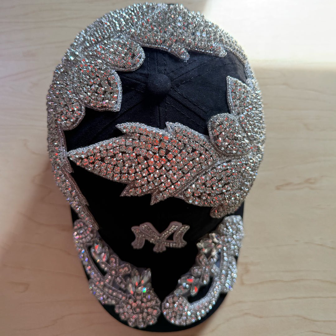 Custom Beaded Silver Large Crystal Applique New York Hat - Rebel P Customs