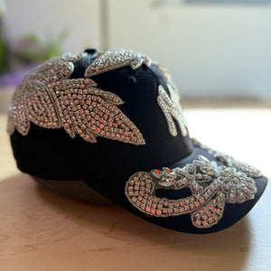 Custom Beaded Silver Large Crystal Applique New York Hat - Rebel P Customs