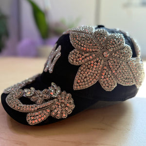 Custom Beaded Silver Large Crystal Applique New York Hat - Rebel P Customs