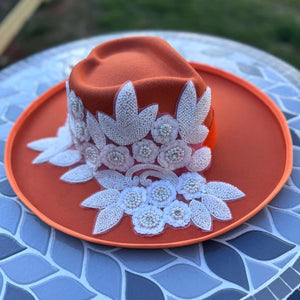 Custom Beaded White Crystal Applique Fedora Hat - Rebel P Customs