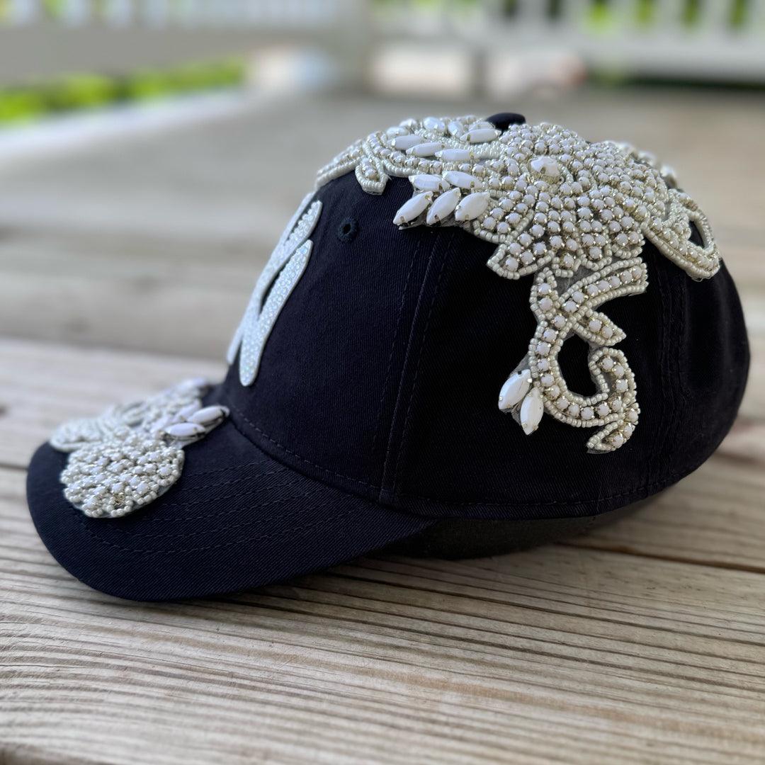 Custom Beaded White Crystal Applique Navy New York Hat - Rebel P Customs