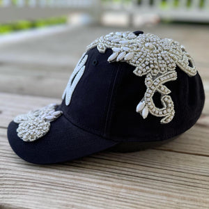 Custom Beaded White Crystal Applique Navy New York Hat - Rebel P Customs