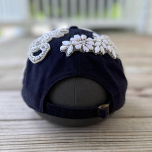 Custom Beaded White Crystal Applique Navy New York Hat - Rebel P Customs