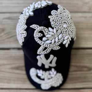 Custom Beaded White Crystal Applique Navy New York Hat - Rebel P Customs