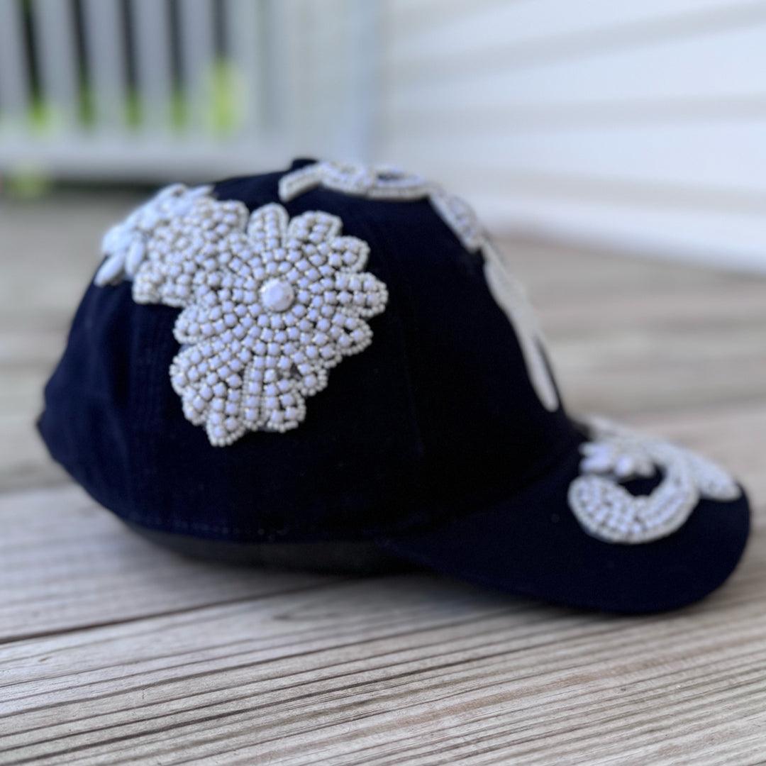 Custom Beaded White Crystal Applique Navy New York Hat - Rebel P Customs