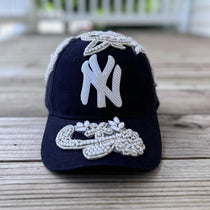 Custom Beaded White Crystal Applique Navy New York Hat - Rebel P Customs