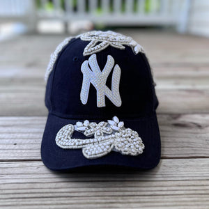 Custom Beaded White Crystal Applique Navy New York Hat - Rebel P Customs
