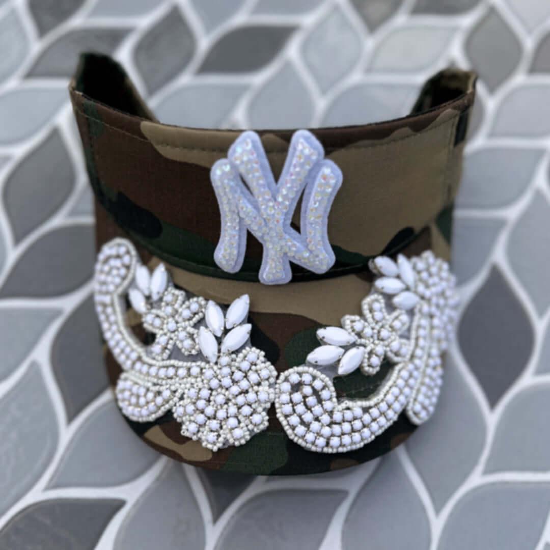 Custom Beaded White Crystal Applique New York Visor - Rebel P Customs