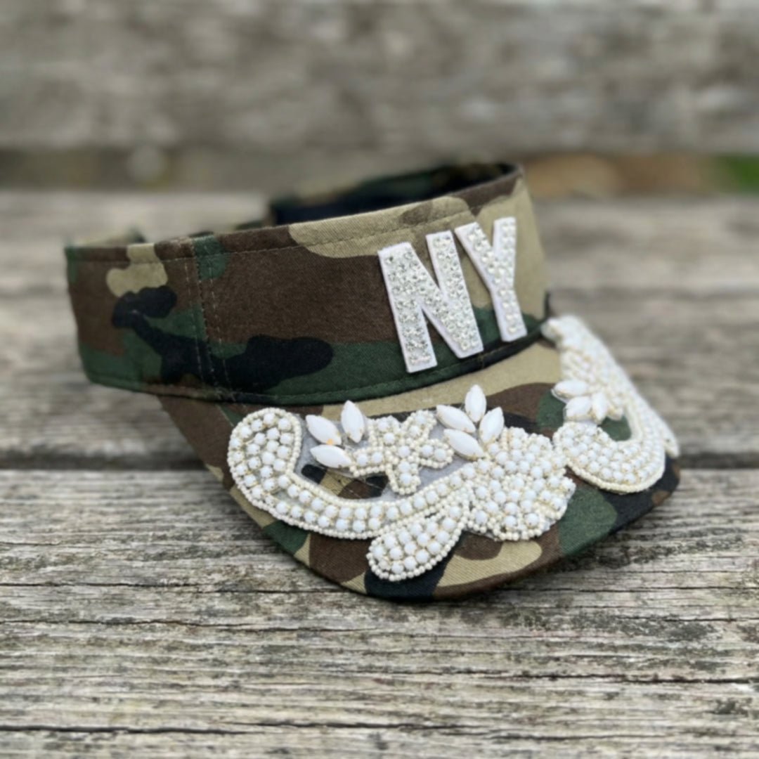 Custom Beaded White Crystal Applique New York Visor - Rebel P Customs