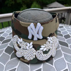 Custom Beaded White Crystal Applique New York Visor - Rebel P Customs