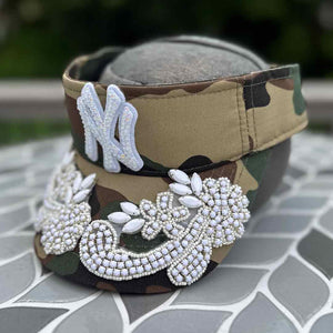 Custom Beaded White Crystal Applique New York Visor - Rebel P Customs