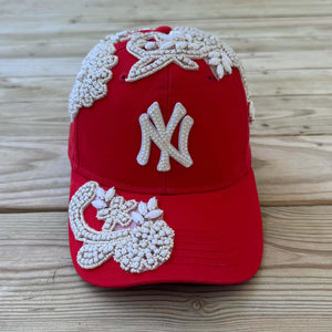 Custom Beaded White Crystal Glow In The Dark Applique New York Hat - Rebel P Customs