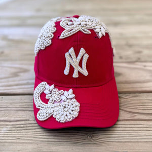 Custom Beaded White Crystal Glow In The Dark Applique New York Hat - Rebel P Customs