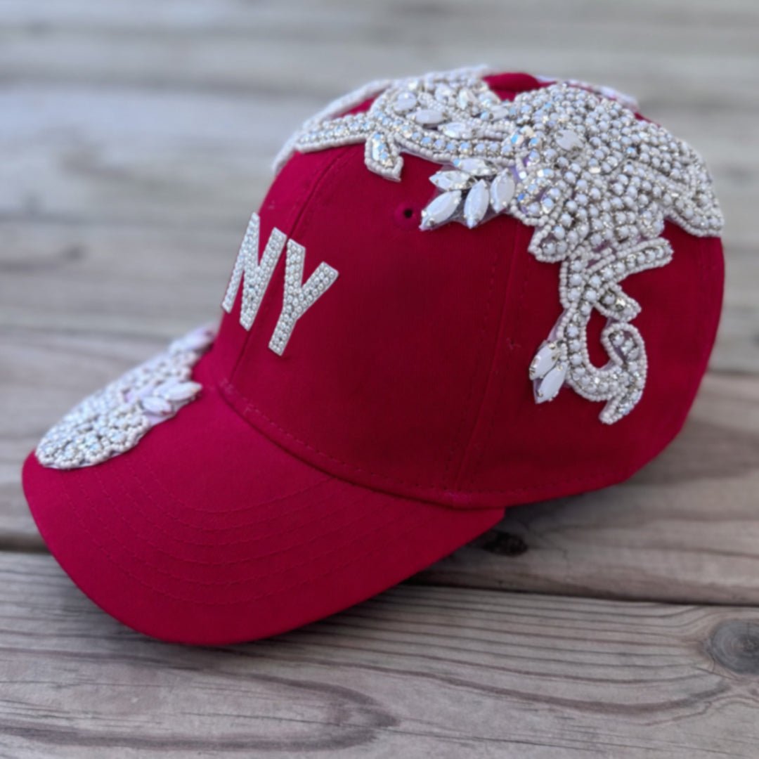 Custom Beaded White Crystal Glow In The Dark Applique New York Hat - Rebel P Customs