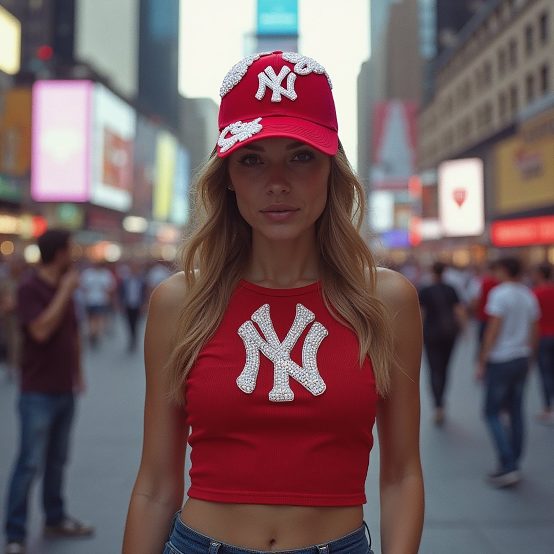 Custom Beaded White Crystal Glow In The Dark Applique New York Hat - Rebel P Customs