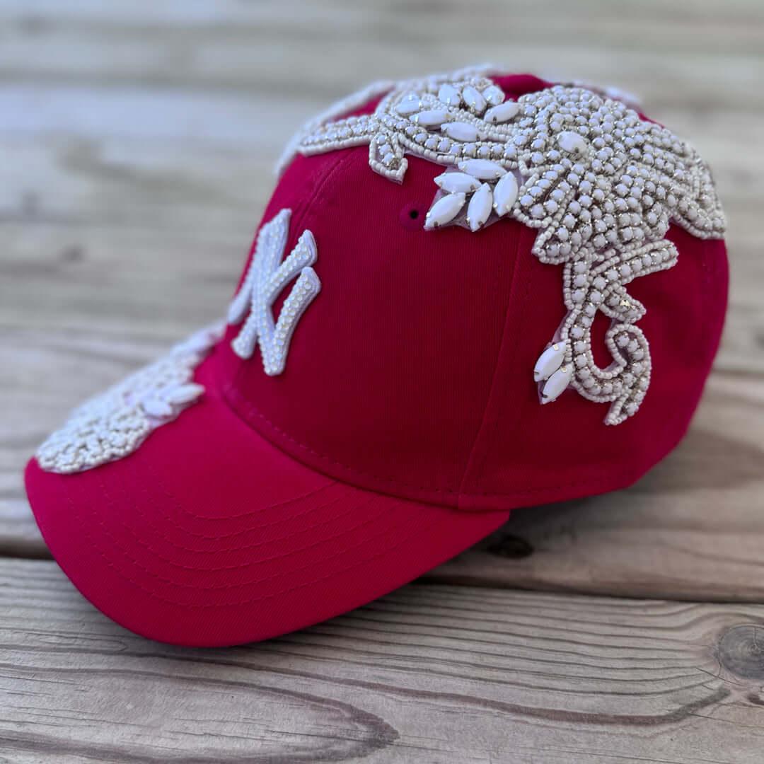 Custom Beaded White Crystal Glow In The Dark Applique New York Hat - Rebel P Customs
