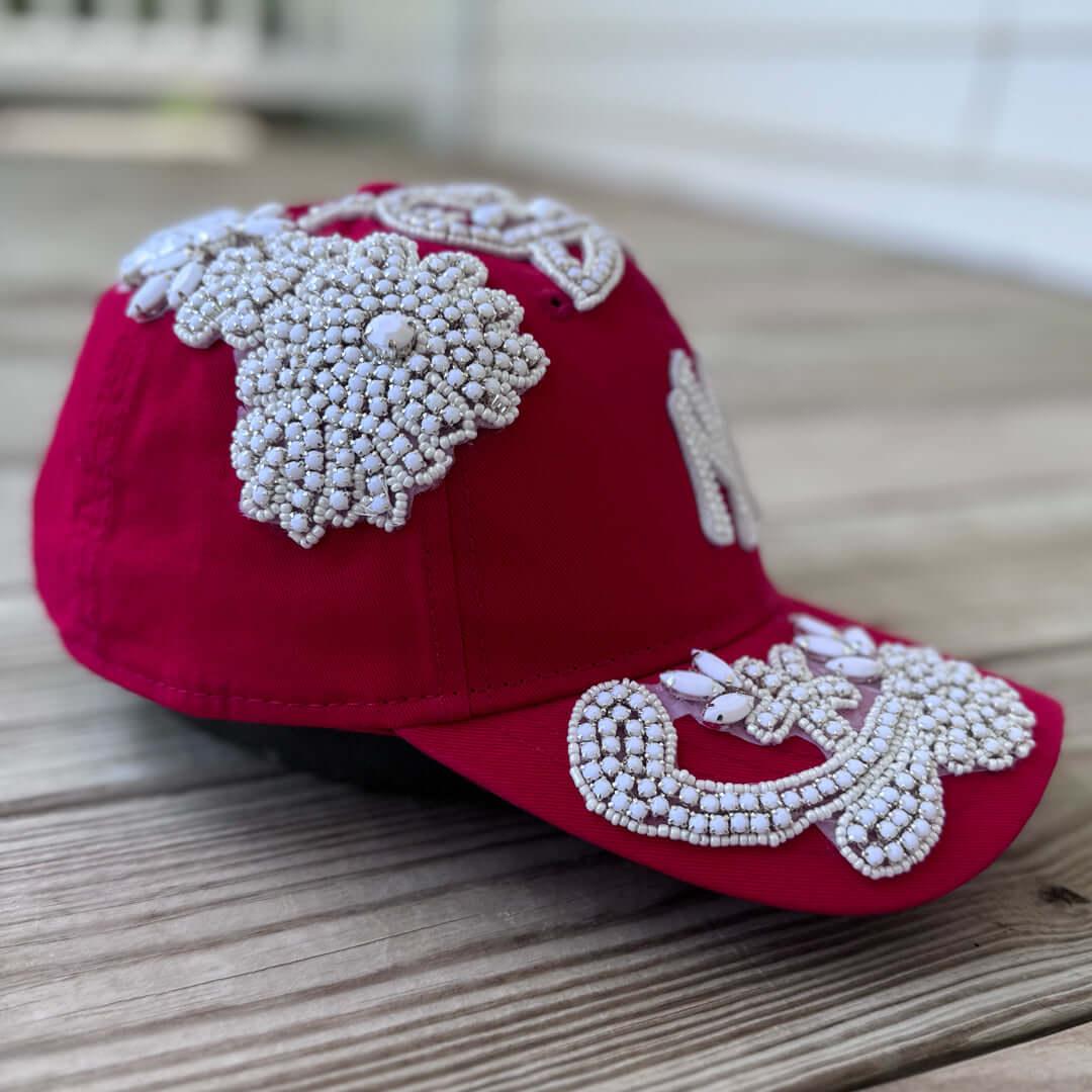 Custom Beaded White Crystal Glow In The Dark Applique New York Hat - Rebel P Customs