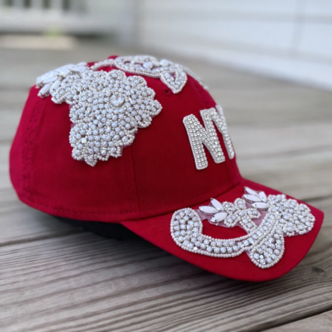 Custom Beaded White Crystal Glow In The Dark Applique New York Hat - Rebel P Customs