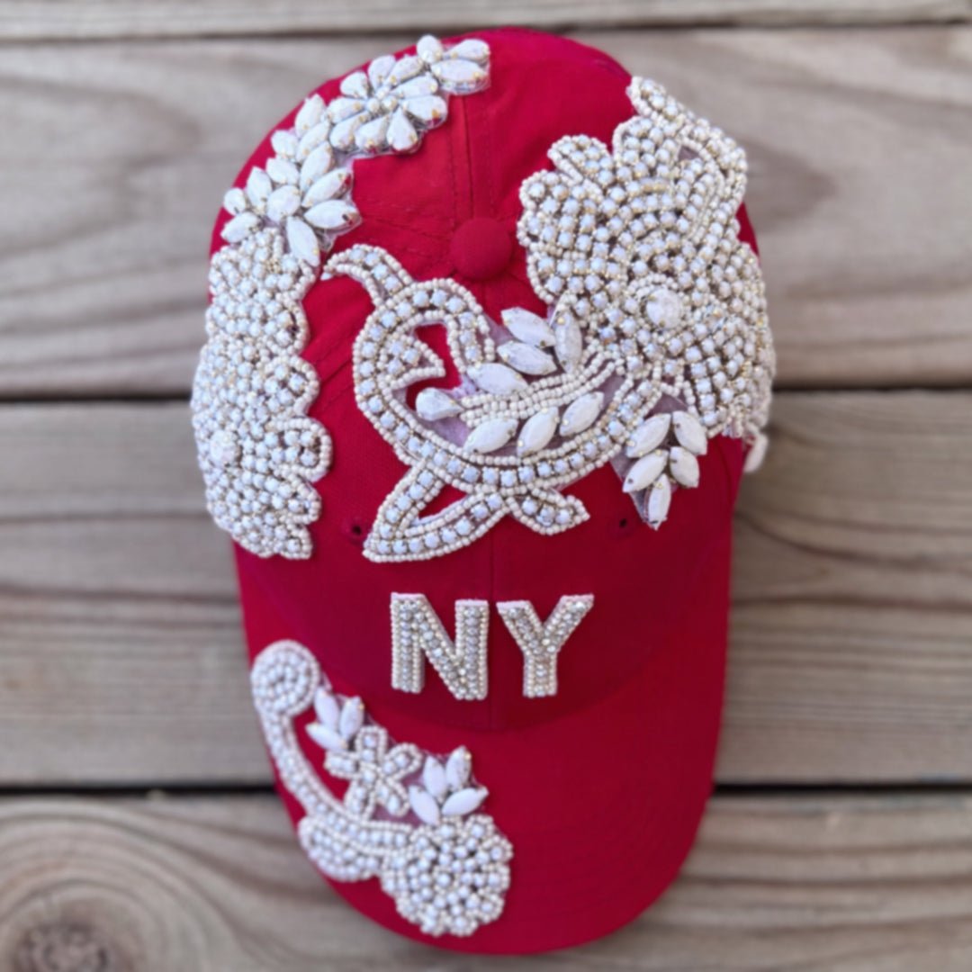 Custom Beaded White Crystal Glow In The Dark Applique New York Hat - Rebel P Customs
