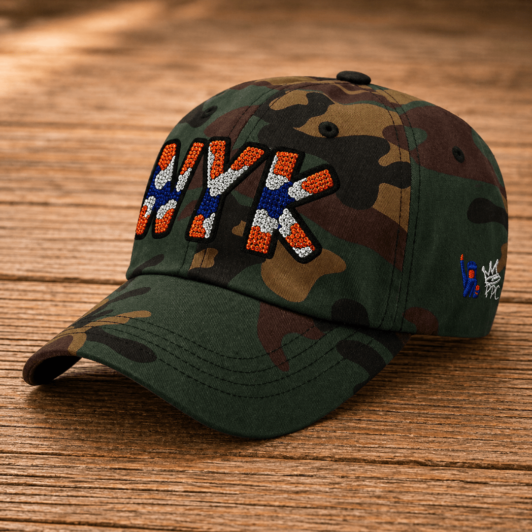 Right Side view of camouflage New York rhinestone baseball hat with orange, blue, and silver crystal lettering - Rebel P Customs